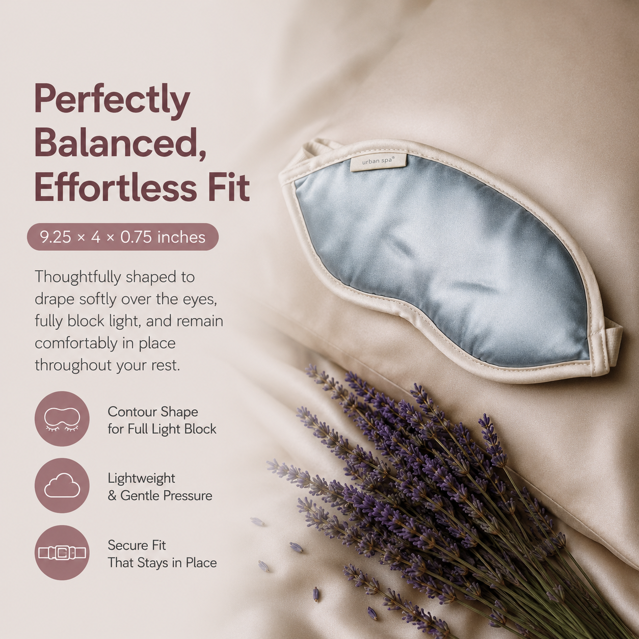 Contoured sleep mask with gentle pressure and secure fit