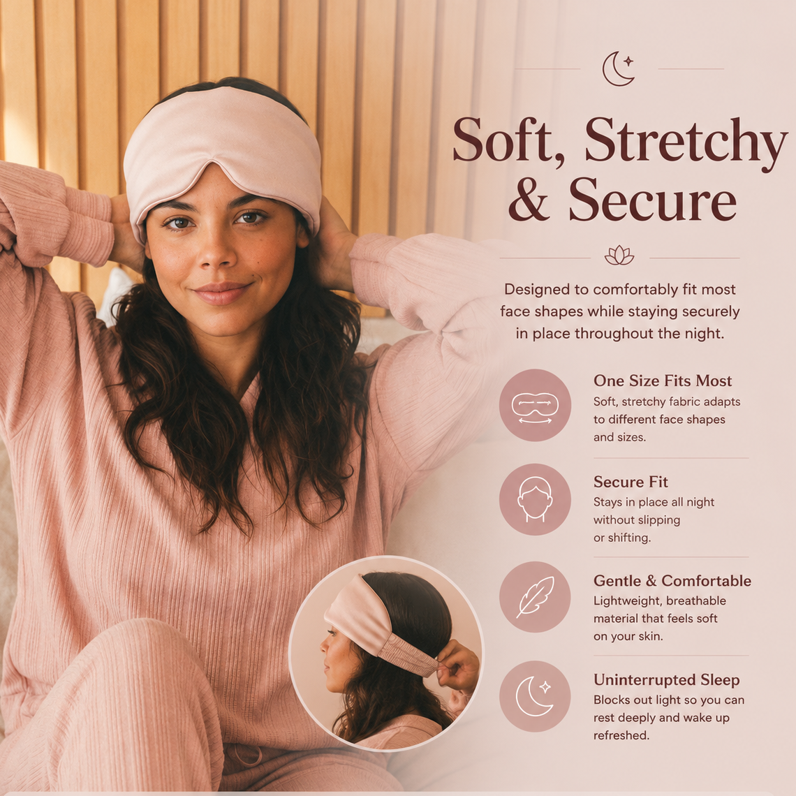 Adjustable eye mask with soft stretch fit for all-night wear