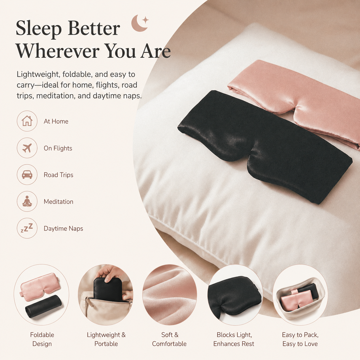 Travel sleep mask for flights, road trips and meditation